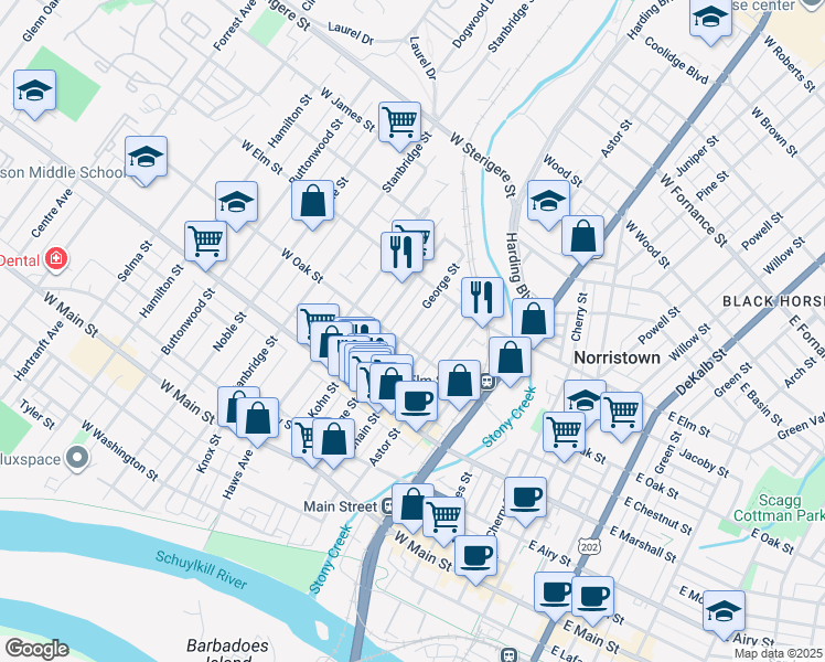 map of restaurants, bars, coffee shops, grocery stores, and more near 710 George Street in Norristown