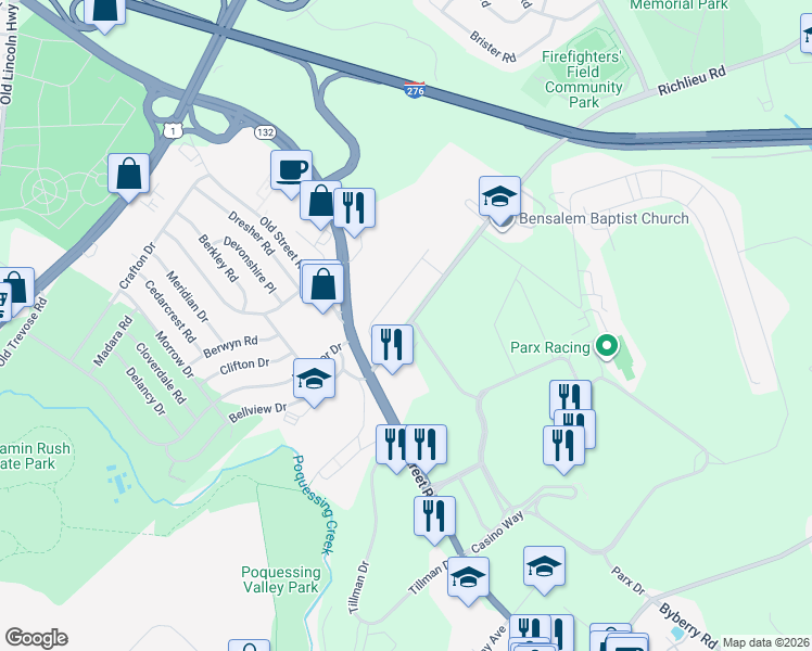 map of restaurants, bars, coffee shops, grocery stores, and more near 3064 Richlieu Road in Bensalem