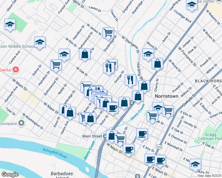 map of restaurants, bars, coffee shops, grocery stores, and more near 710 George Street in Norristown