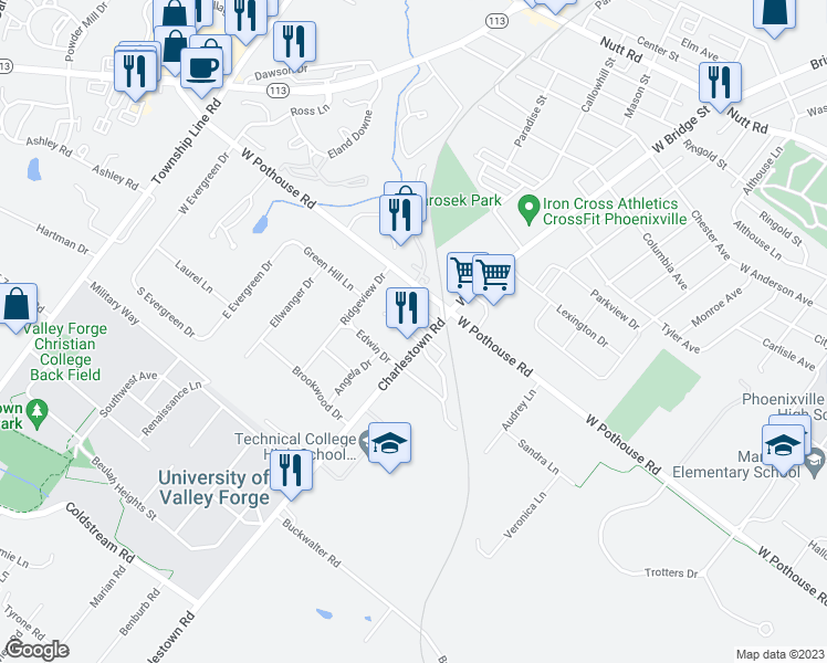 map of restaurants, bars, coffee shops, grocery stores, and more near 66 Ashwood Lane in Phoenixville