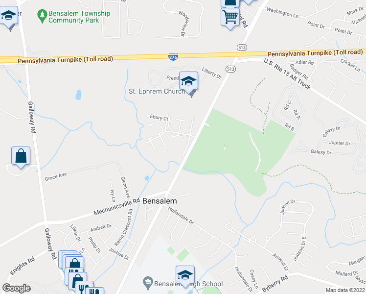 map of restaurants, bars, coffee shops, grocery stores, and more near 5054 South Hunters Court in Bensalem