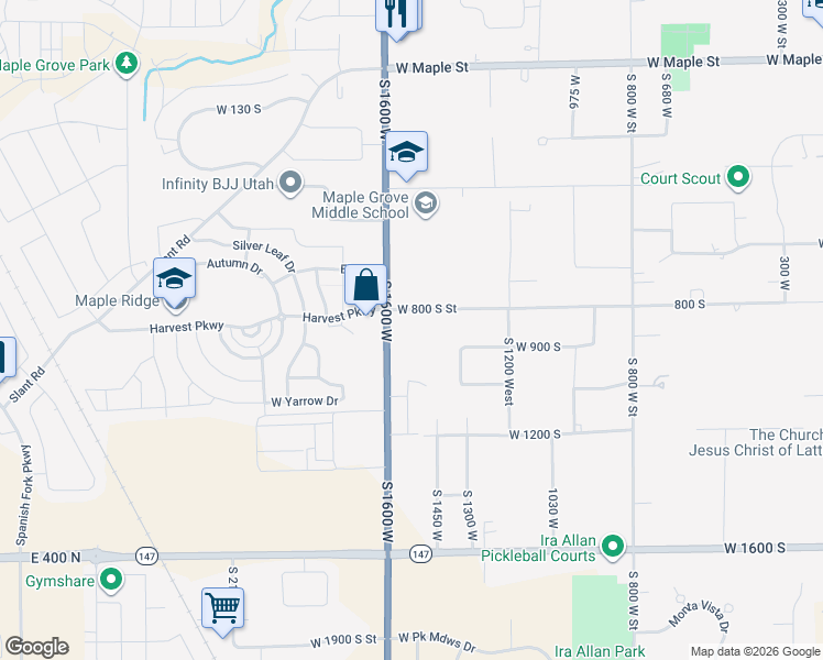 map of restaurants, bars, coffee shops, grocery stores, and more near 1483 West 800 South Street in Mapleton