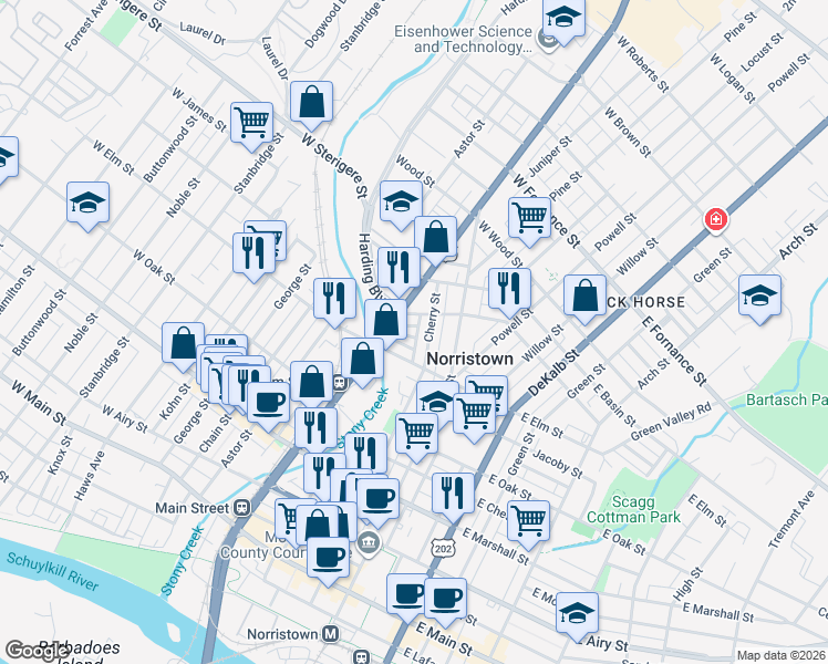 map of restaurants, bars, coffee shops, grocery stores, and more near 1027 Park Alley in Norristown