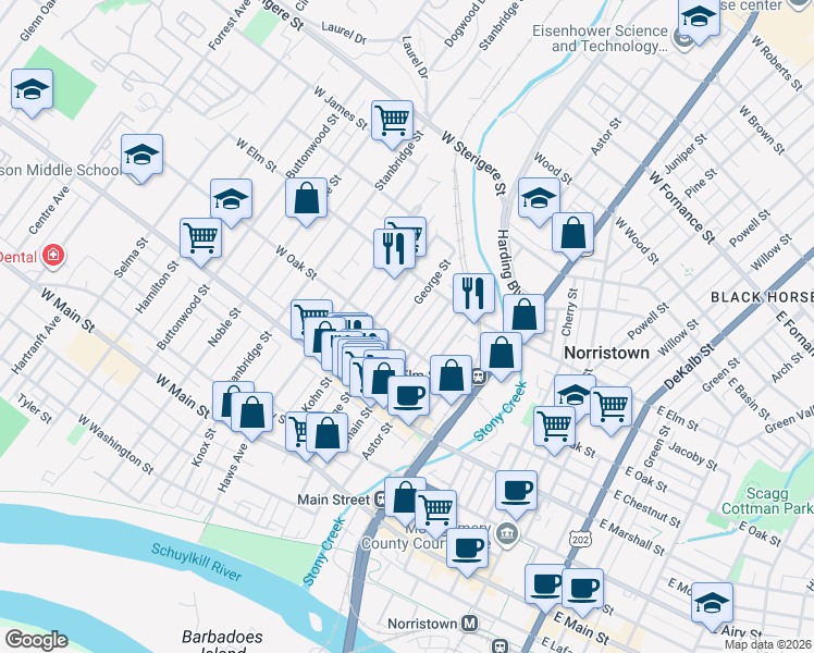 map of restaurants, bars, coffee shops, grocery stores, and more near 702 George Street in Norristown