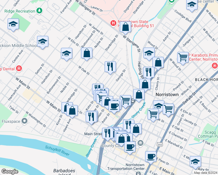 map of restaurants, bars, coffee shops, grocery stores, and more near 702 George Street in Norristown