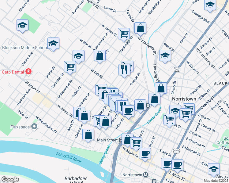 map of restaurants, bars, coffee shops, grocery stores, and more near 654 Kohn Street in Norristown
