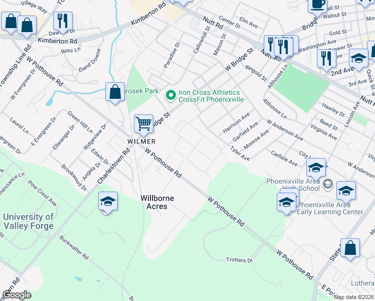 map of restaurants, bars, coffee shops, grocery stores, and more near 10 Lexington Drive in Phoenixville
