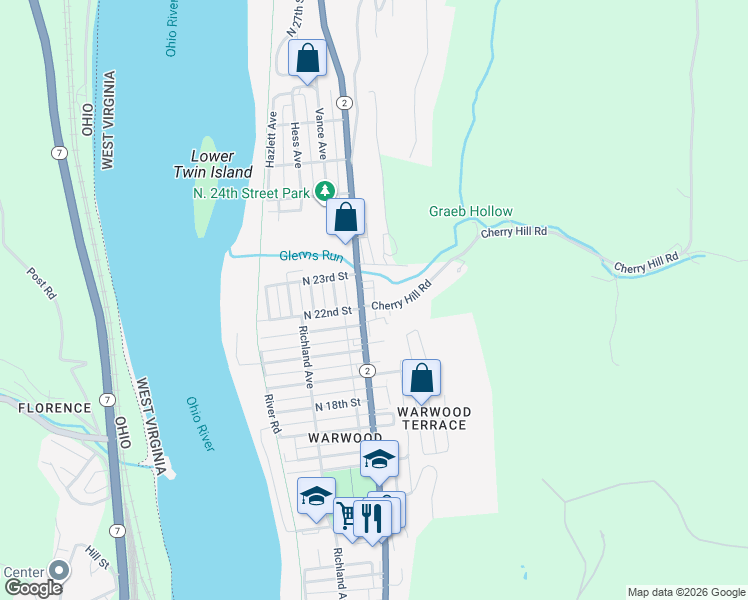 map of restaurants, bars, coffee shops, grocery stores, and more near 96 Cherry Hill Road in Wheeling