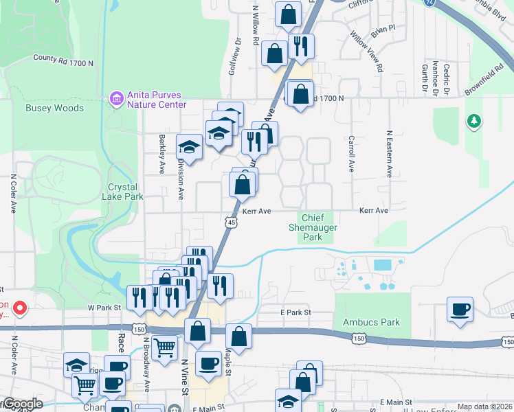 map of restaurants, bars, coffee shops, grocery stores, and more near in Urbana