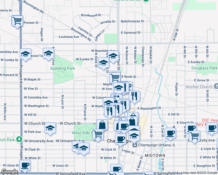 map of restaurants, bars, coffee shops, grocery stores, and more near 111 West Vine Street in Champaign