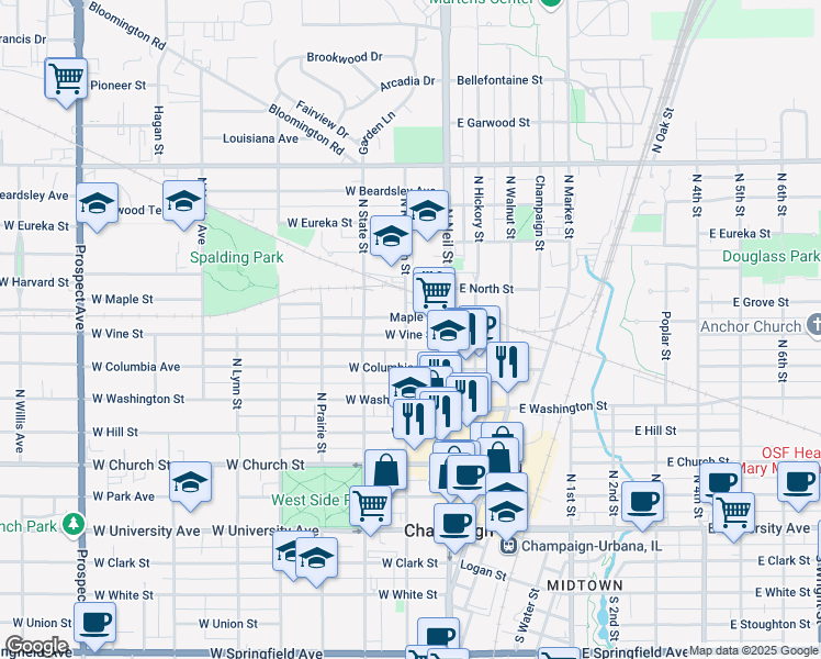 map of restaurants, bars, coffee shops, grocery stores, and more near 111 West Vine Street in Champaign
