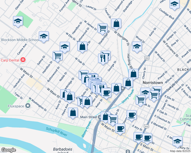 map of restaurants, bars, coffee shops, grocery stores, and more near 661 Kohn Street in Norristown