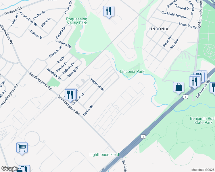 map of restaurants, bars, coffee shops, grocery stores, and more near 15116 Carter Road in Philadelphia
