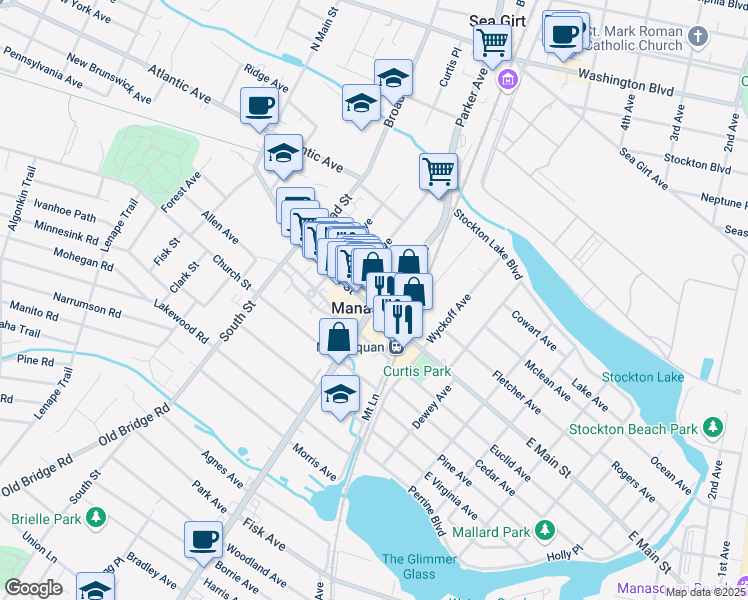 map of restaurants, bars, coffee shops, grocery stores, and more near in Manasquan