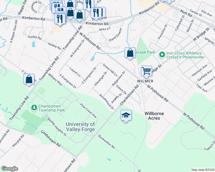 map of restaurants, bars, coffee shops, grocery stores, and more near 1340 Ridgeview Drive in Phoenixville