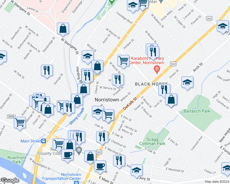 map of restaurants, bars, coffee shops, grocery stores, and more near 1079 Powell Street in Norristown
