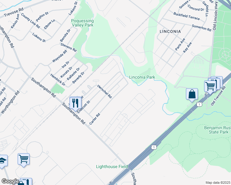 map of restaurants, bars, coffee shops, grocery stores, and more near 15116 Carter Road in Philadelphia