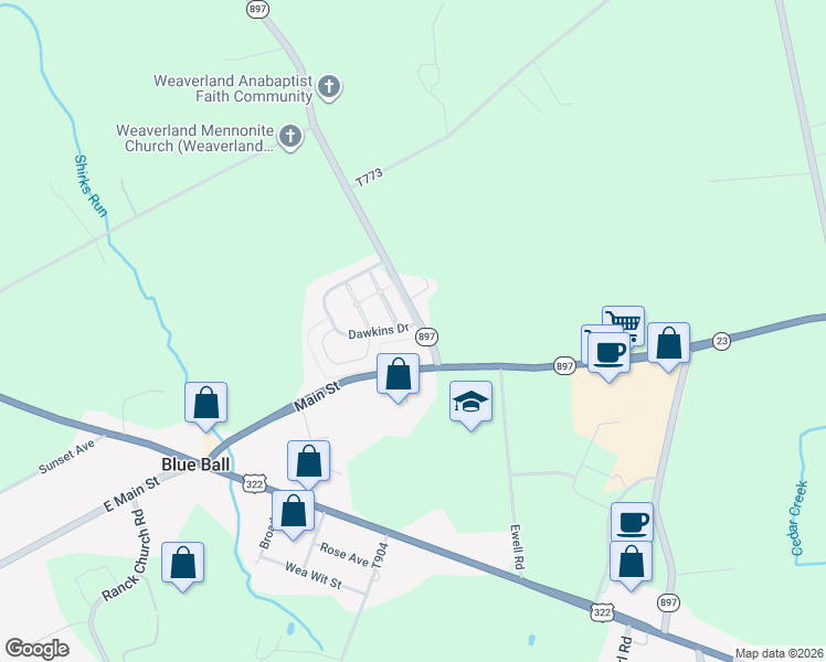 map of restaurants, bars, coffee shops, grocery stores, and more near 1 Dawkins Drive in East Earl