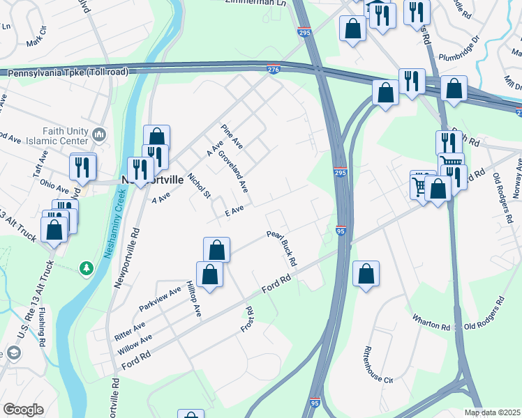 map of restaurants, bars, coffee shops, grocery stores, and more near 2602 A Avenue in Levittown