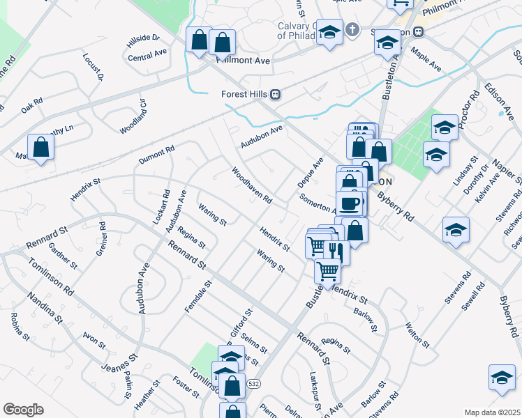 map of restaurants, bars, coffee shops, grocery stores, and more near 11994 Ferndale Street in Philadelphia