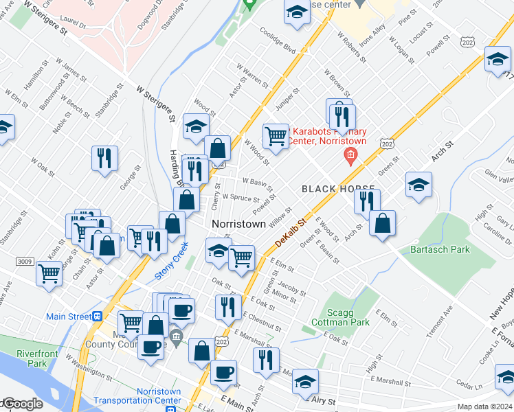 map of restaurants, bars, coffee shops, grocery stores, and more near 1081 Powell Street in Norristown
