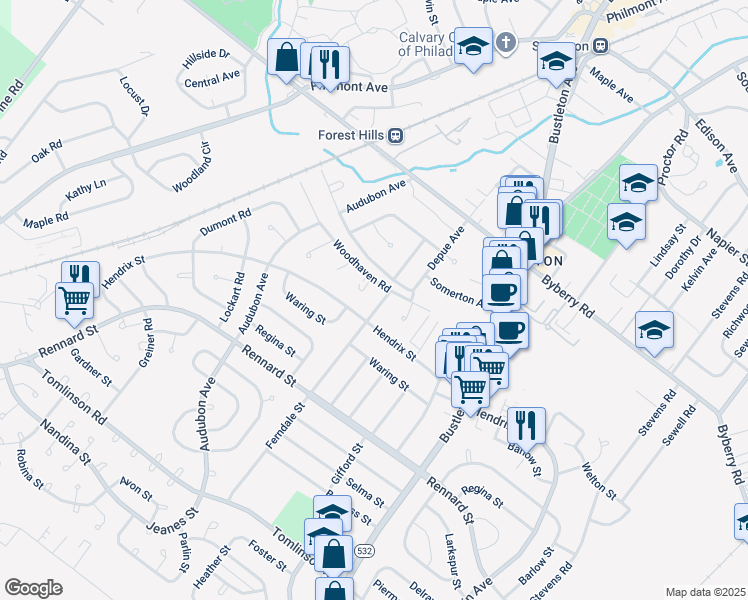 map of restaurants, bars, coffee shops, grocery stores, and more near 11994 Ferndale Street in Philadelphia