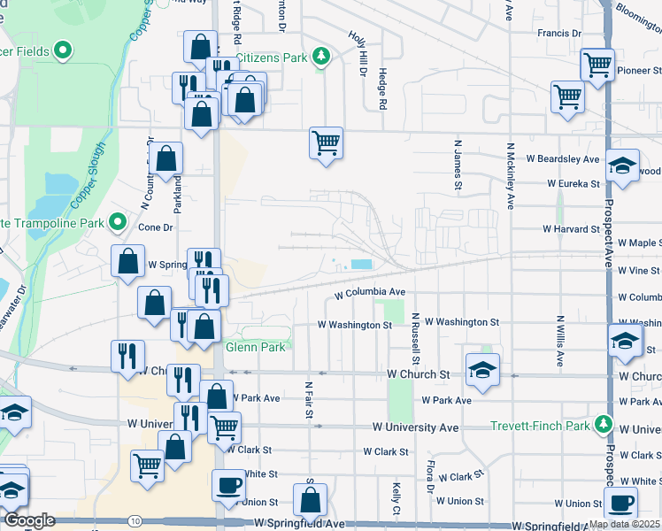 map of restaurants, bars, coffee shops, grocery stores, and more near 702 North Mattis Avenue in Champaign