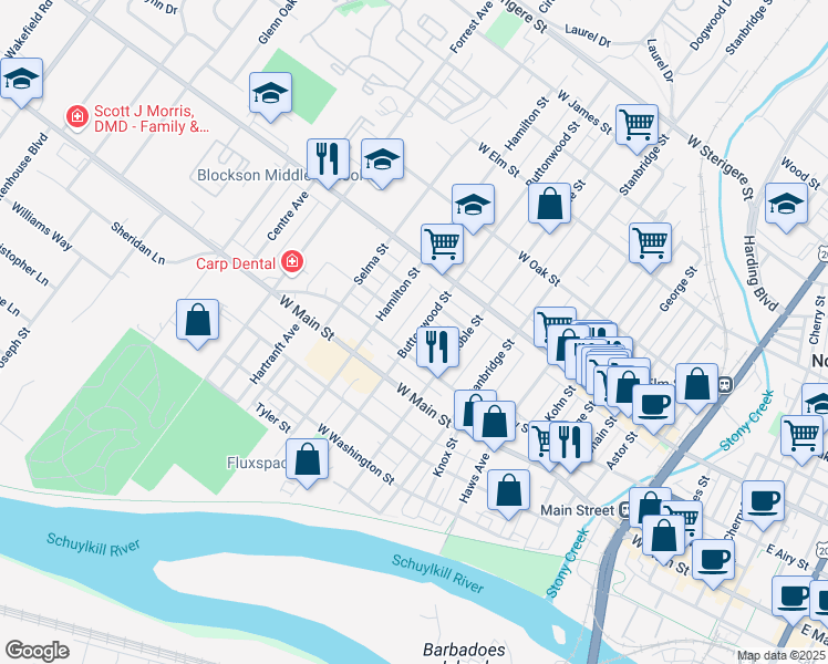 map of restaurants, bars, coffee shops, grocery stores, and more near 511 Buttonwood Street in Norristown