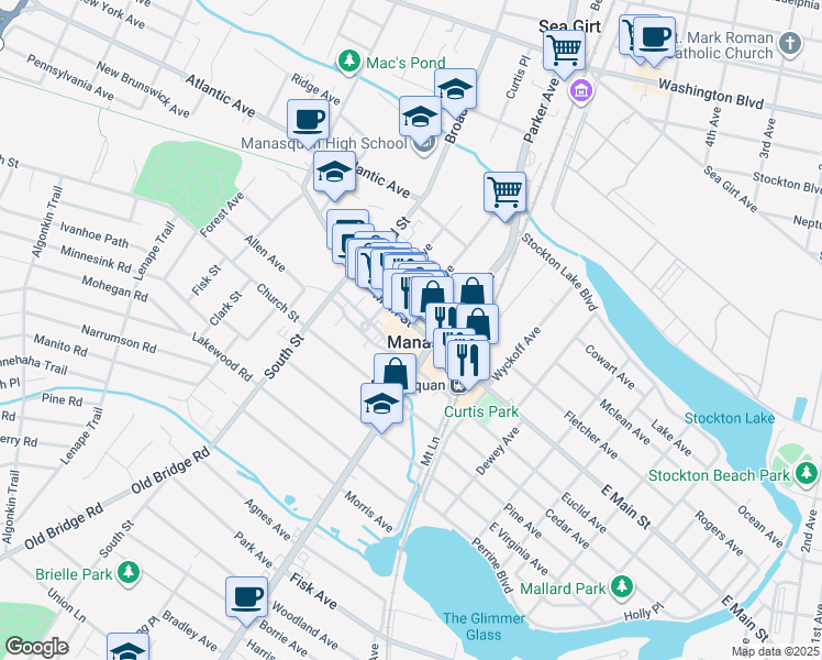 map of restaurants, bars, coffee shops, grocery stores, and more near 2 Taylor Avenue in Manasquan