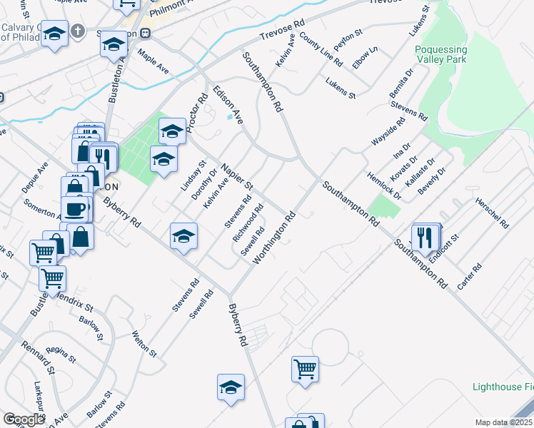 map of restaurants, bars, coffee shops, grocery stores, and more near 13049 Sewell Road in Philadelphia