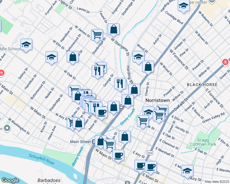 map of restaurants, bars, coffee shops, grocery stores, and more near 755 Astor Street in Norristown