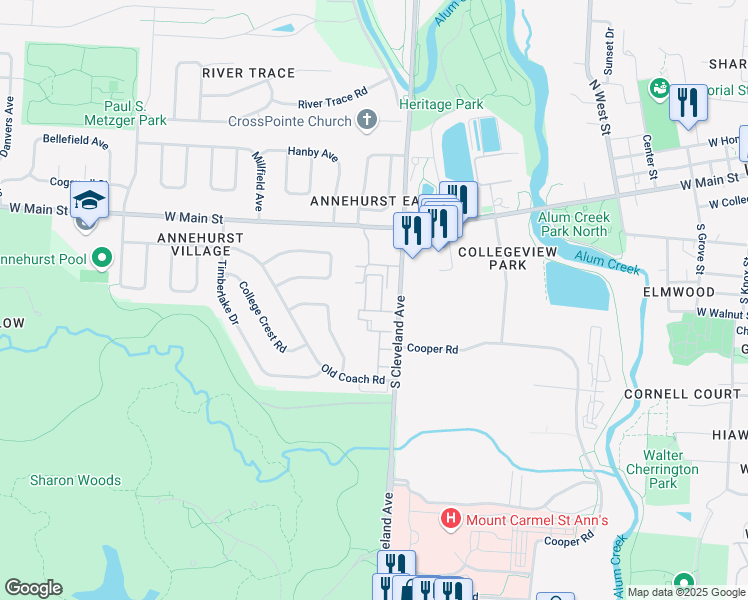 map of restaurants, bars, coffee shops, grocery stores, and more near 105 East Ticonderoga Drive in Westerville
