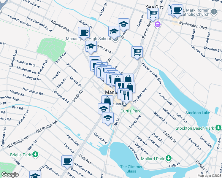 map of restaurants, bars, coffee shops, grocery stores, and more near in Manasquan