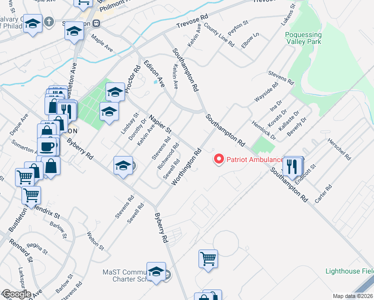 map of restaurants, bars, coffee shops, grocery stores, and more near 13045 Sewell Road in Philadelphia