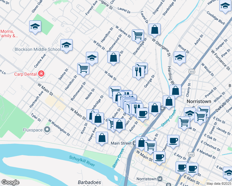 map of restaurants, bars, coffee shops, grocery stores, and more near 614 Haws Avenue in Norristown