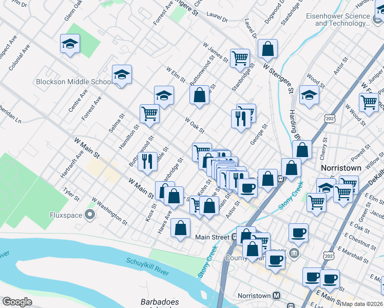 map of restaurants, bars, coffee shops, grocery stores, and more near 822 West Marshall Street in Norristown