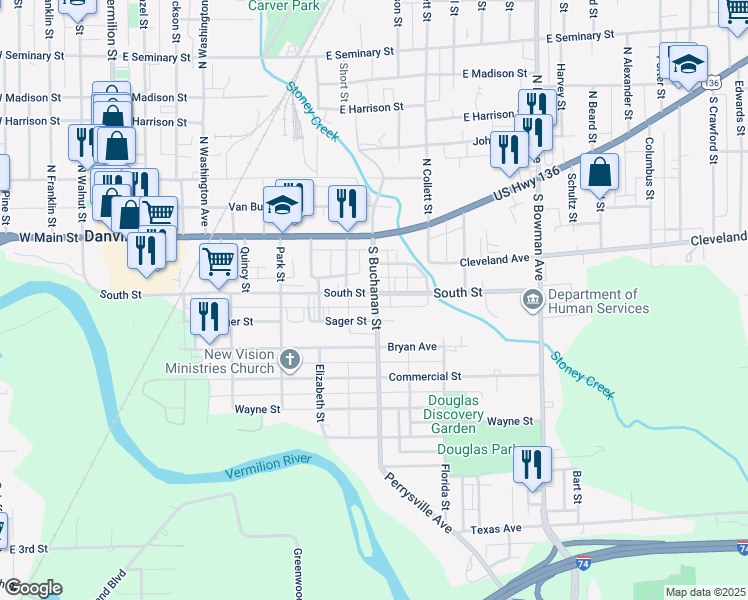 map of restaurants, bars, coffee shops, grocery stores, and more near 651-699 Sager Street in Danville