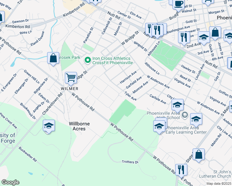 map of restaurants, bars, coffee shops, grocery stores, and more near 526 Parkview Drive in Phoenixville