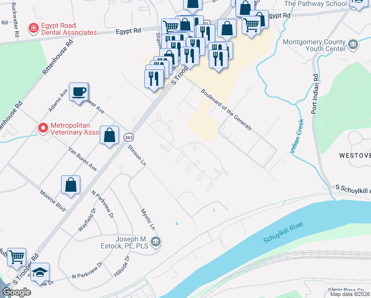 map of restaurants, bars, coffee shops, grocery stores, and more near 703 Kennedy Court in Eagleville