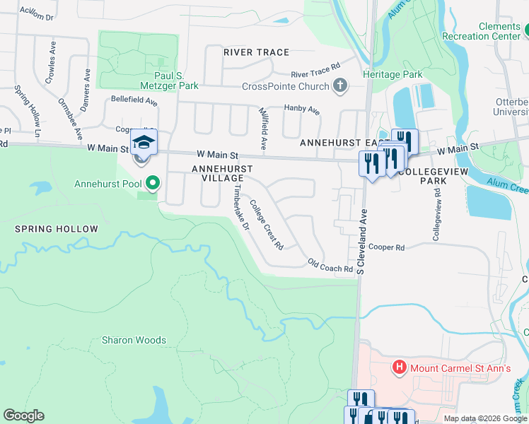 map of restaurants, bars, coffee shops, grocery stores, and more near 647 College Crest Road in Westerville