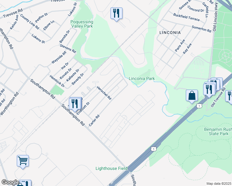 map of restaurants, bars, coffee shops, grocery stores, and more near 15120 Carter Road in Philadelphia