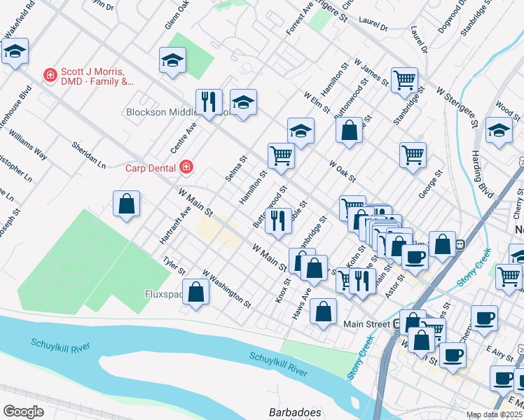 map of restaurants, bars, coffee shops, grocery stores, and more near 511 Buttonwood Street in Norristown