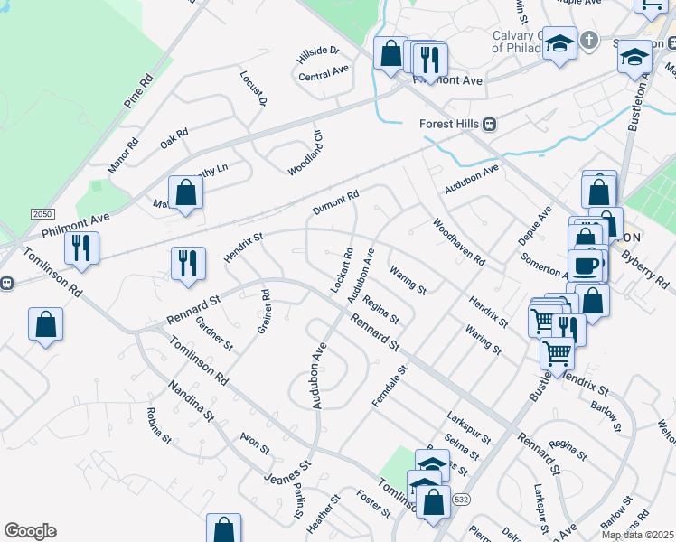 map of restaurants, bars, coffee shops, grocery stores, and more near 11716 Lockart Rd in Philadelphia