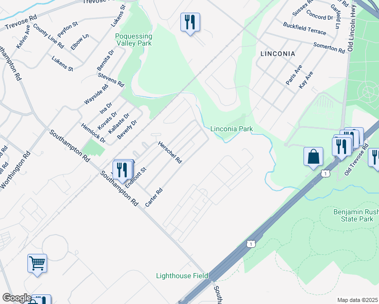 map of restaurants, bars, coffee shops, grocery stores, and more near 15120 Carter Road in Philadelphia