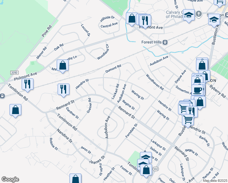 map of restaurants, bars, coffee shops, grocery stores, and more near 11716 Lockart Rd in Philadelphia