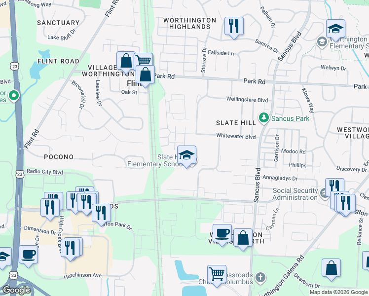 map of restaurants, bars, coffee shops, grocery stores, and more near 7748 Stresswood Court in Columbus
