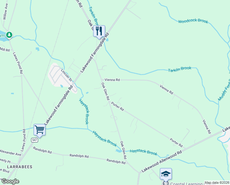 map of restaurants, bars, coffee shops, grocery stores, and more near 707 Oak Glen Road in Howell Township