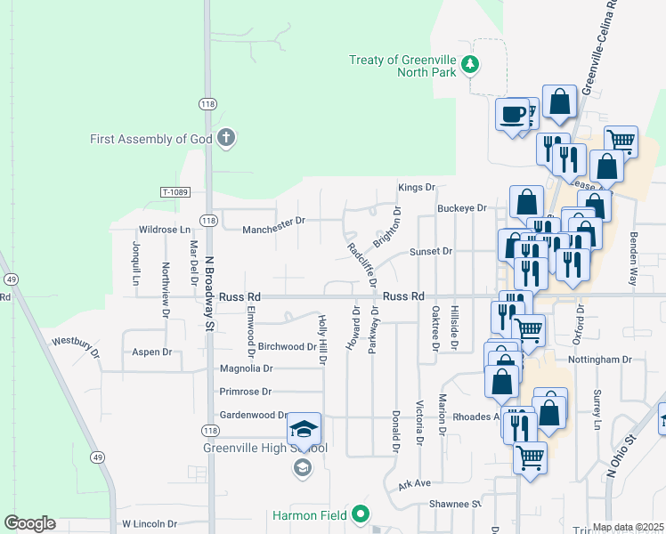 map of restaurants, bars, coffee shops, grocery stores, and more near 111 Fairfax Court in Greenville