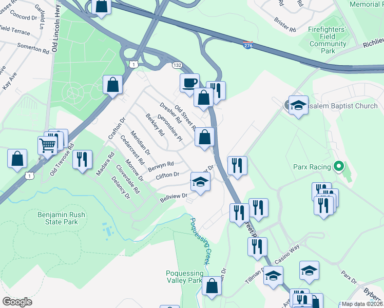 map of restaurants, bars, coffee shops, grocery stores, and more near 3550 Old Street Road in Bensalem