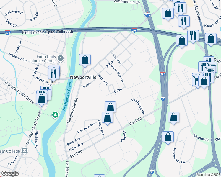 map of restaurants, bars, coffee shops, grocery stores, and more near 3812 Nichol Street in Levittown